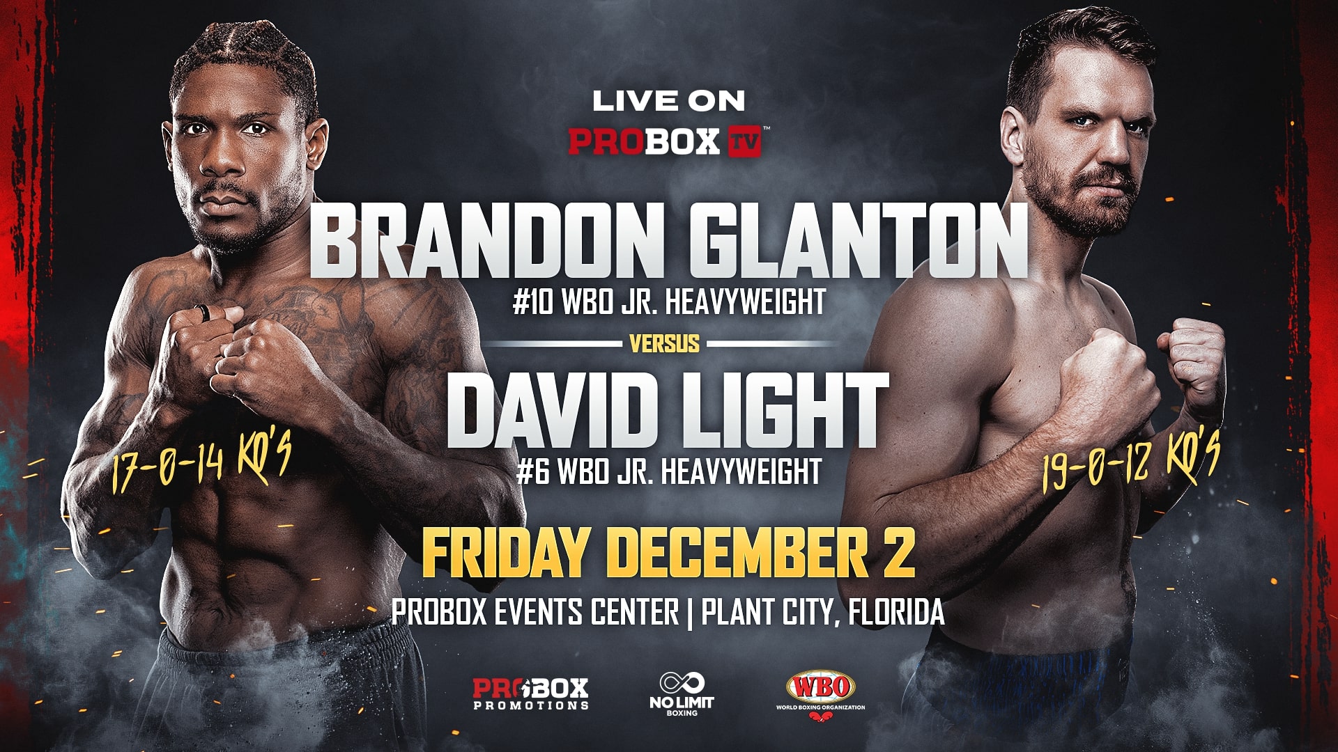 Brandon Glanton vs David Light December 2nd at ProBox Event Center, Plant City, FL
